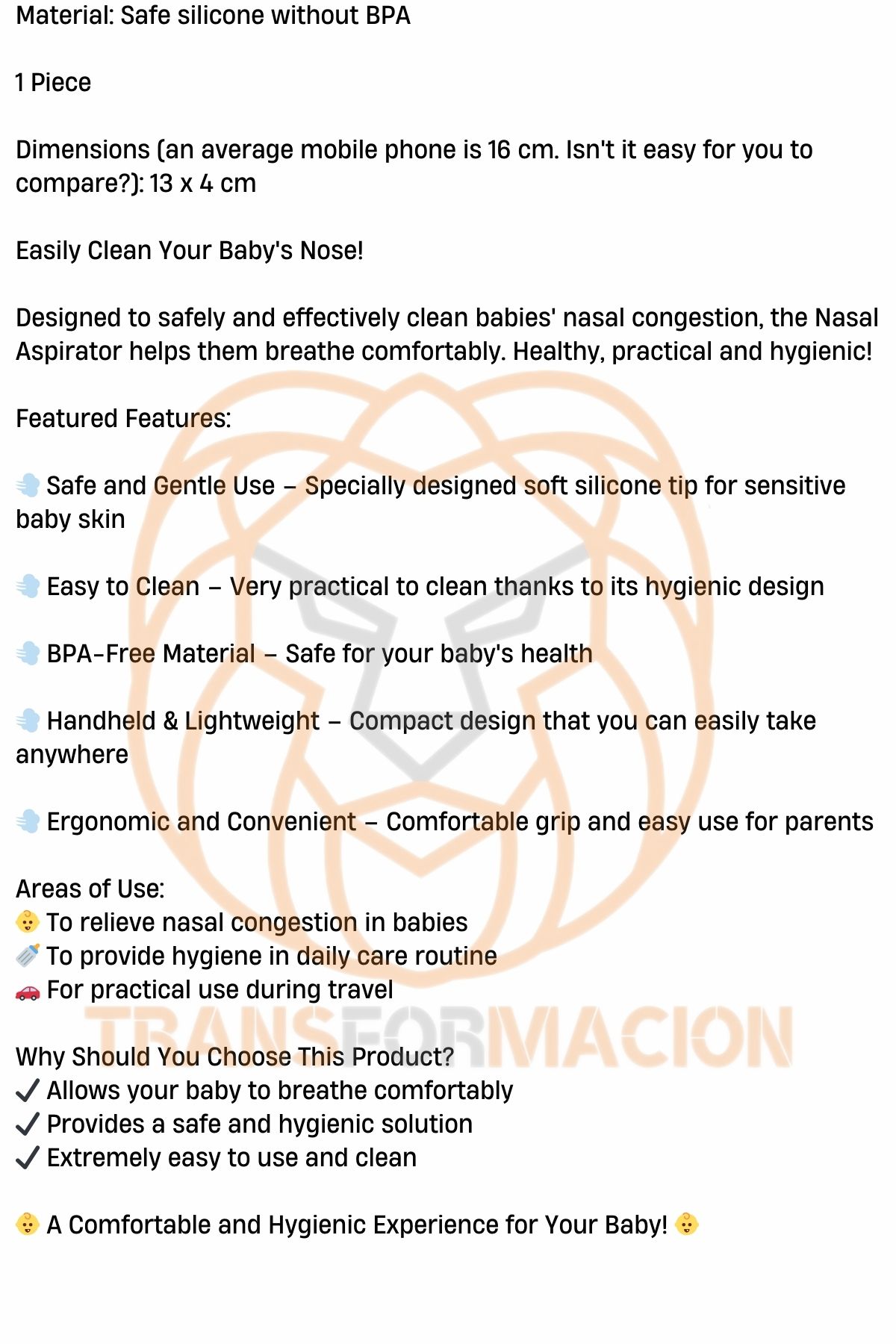 Transformacion Bebek Burun Aspiratörü Burun Temizleme Kiti 721462