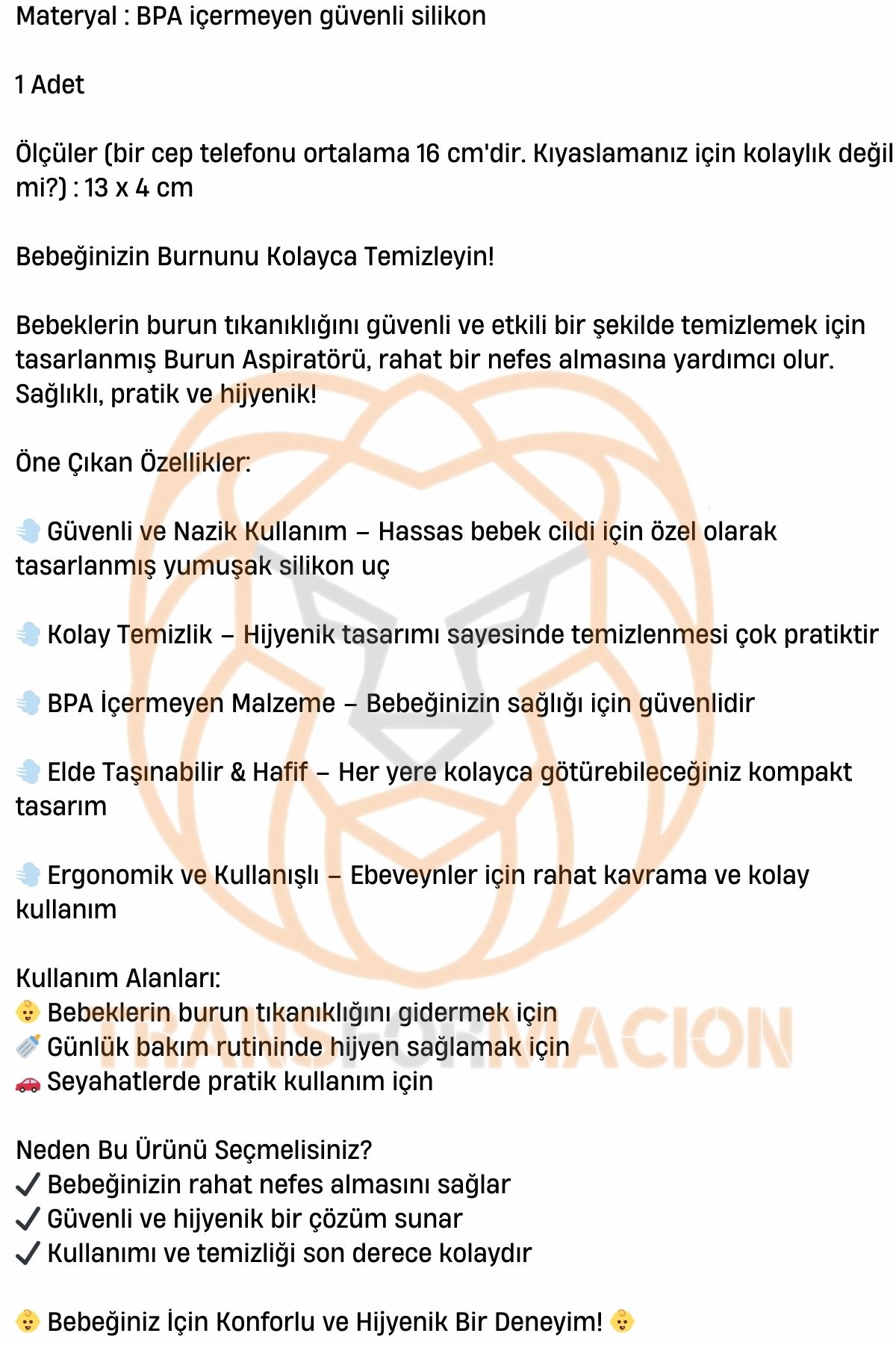 Transformacion Bebek Burun Aspiratörü Burun Temizleme Kiti 721462