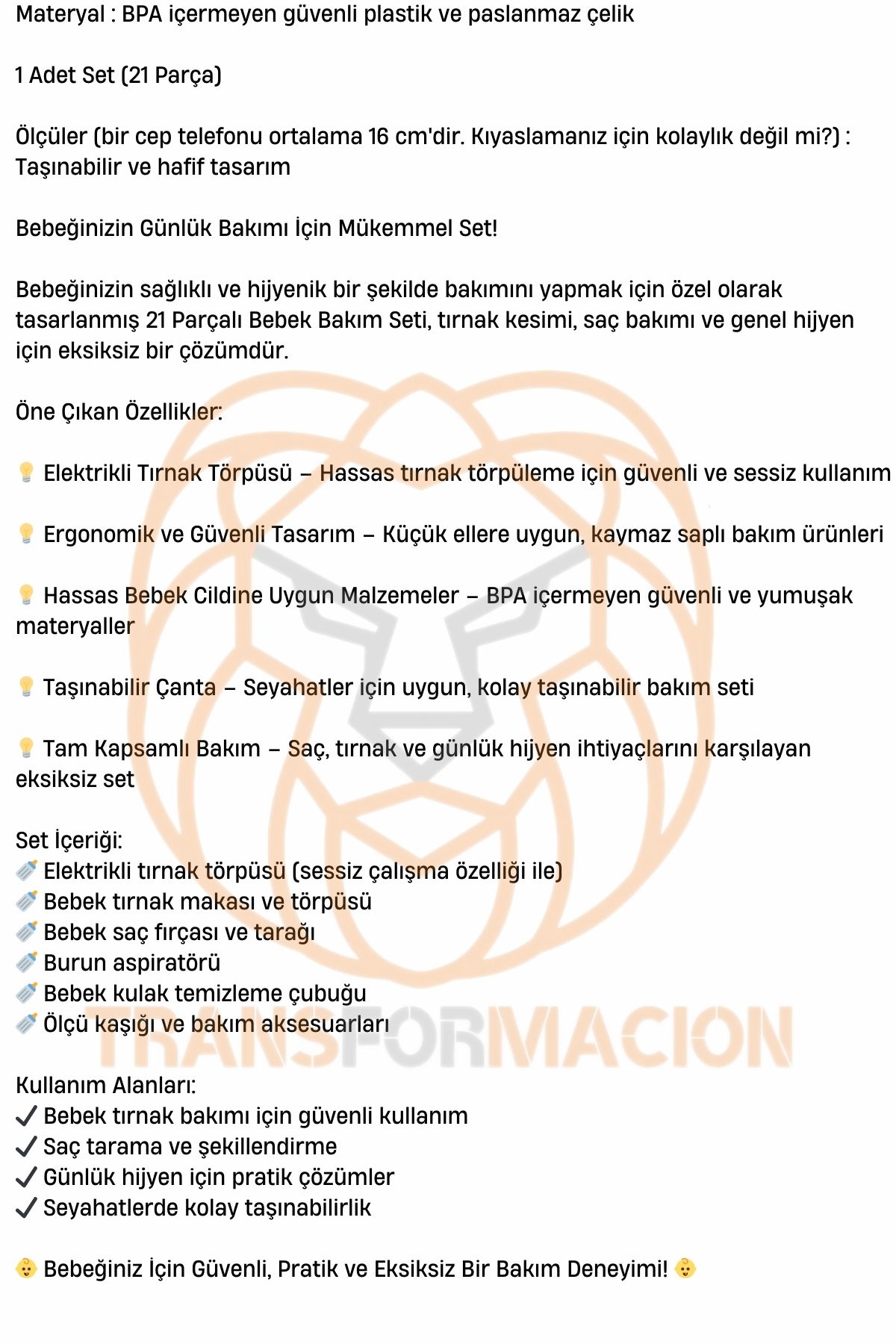 Transformacion Bebek Bakım Seti Çantalı Bebek Bakım Kiti 721463