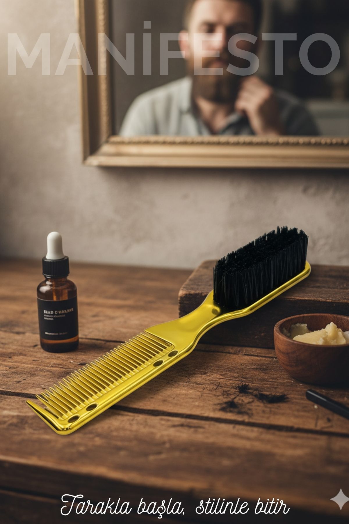 Gold Sakal Bıyık Tarama Fırçası  Sakal Bıyık Tarama Fırçası Çift Taraflı Sakal Tarak ve Fırça – Şekillendirici, Anti-Statik 