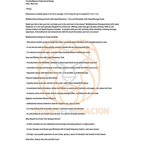 Transformacion Şampuan Hazneli Silikon Saç Yıkama Peeling ve Masaj Fırçası 721468