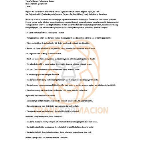 Transformacion Şampuan Hazneli Silikon Saç Yıkama Peeling ve Masaj Fırçası 721468