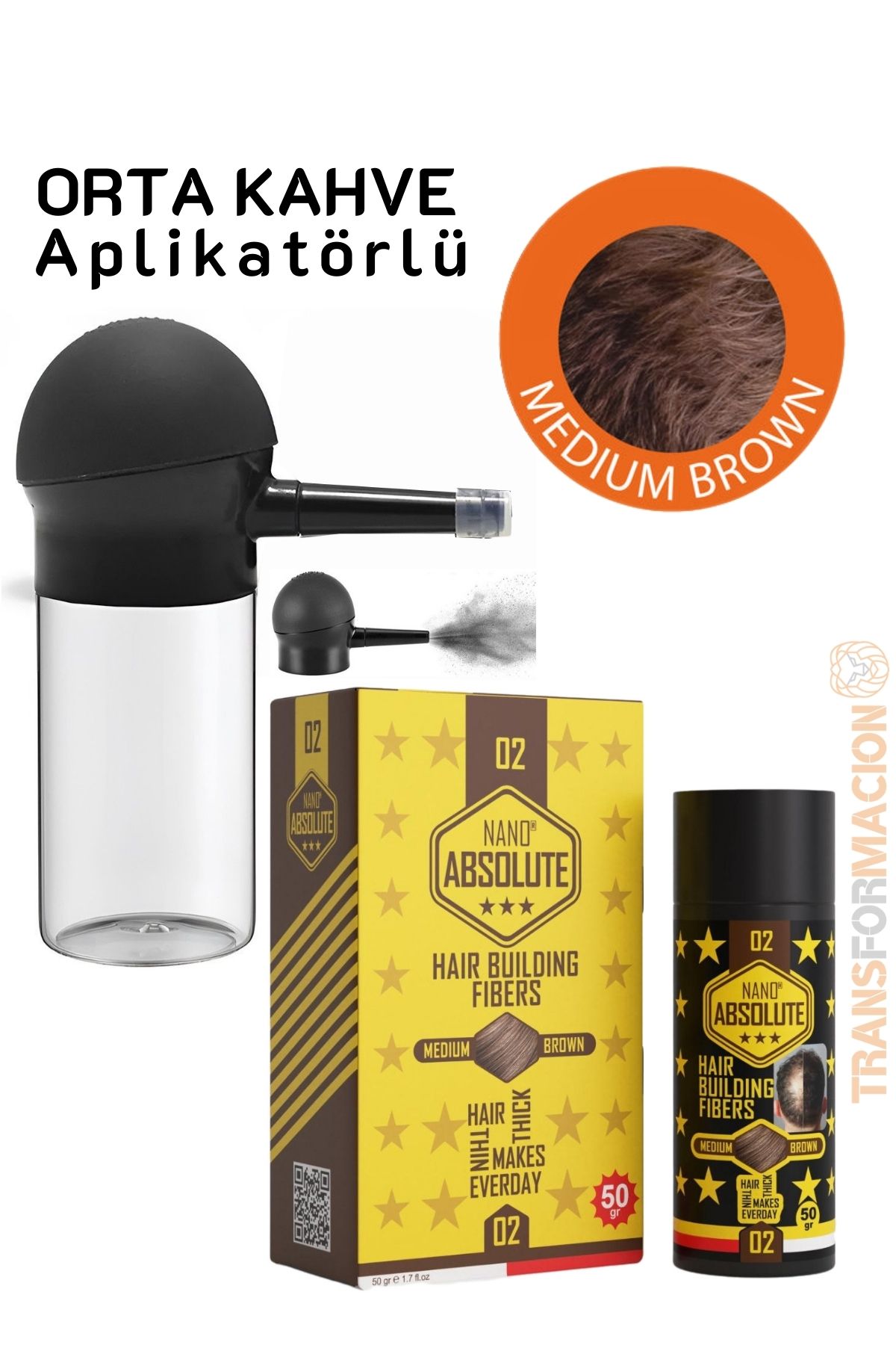 Aplikatörlü Saç Dolgunlaştırıcı Fiber Topik Toz ORTA TON KAHVERENGİ 