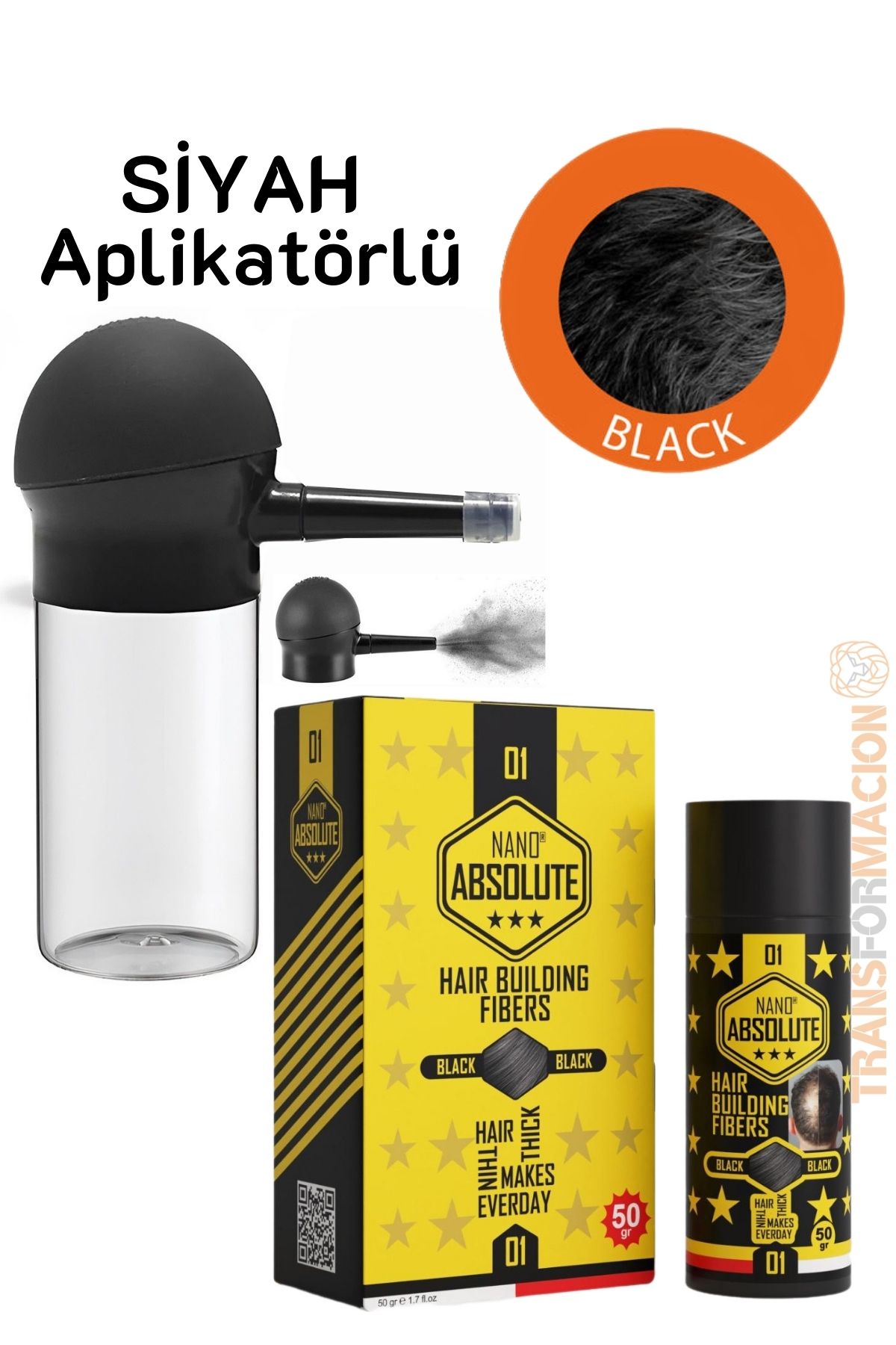 Aplikatörlü Saç Dolgunlaştırıcı Fiber Topik Toz SİYAH 50 Gram 