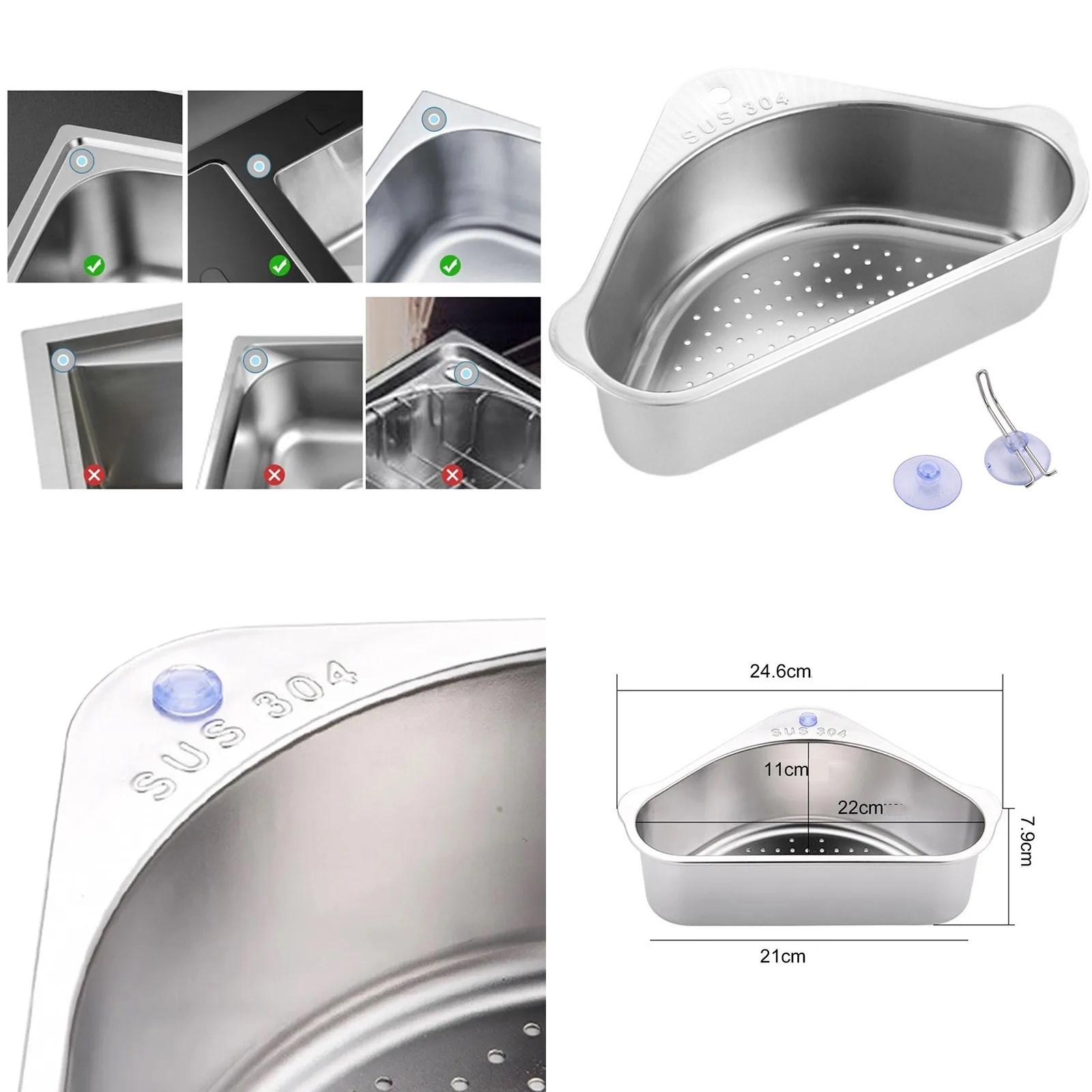 Inox Lavabo Köşe Süzgeci Organizer 304 Paslanmaz Çelik  