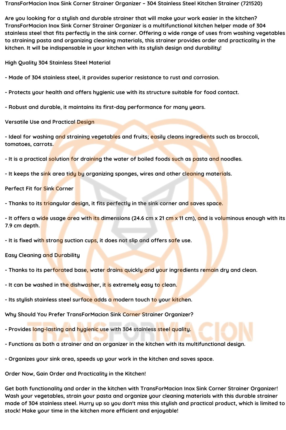 Inox Lavabo Köşe Süzgeci Organizer 304 Paslanmaz Çelik  