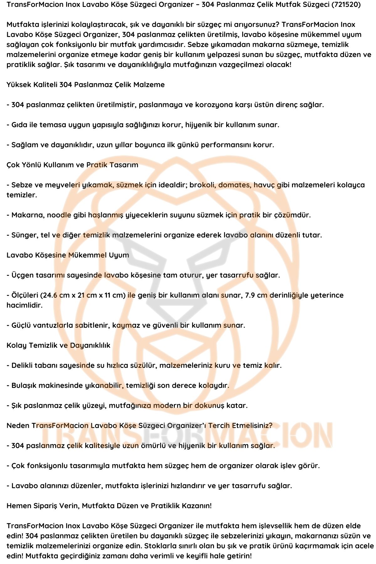 Inox Lavabo Köşe Süzgeci Organizer 304 Paslanmaz Çelik  