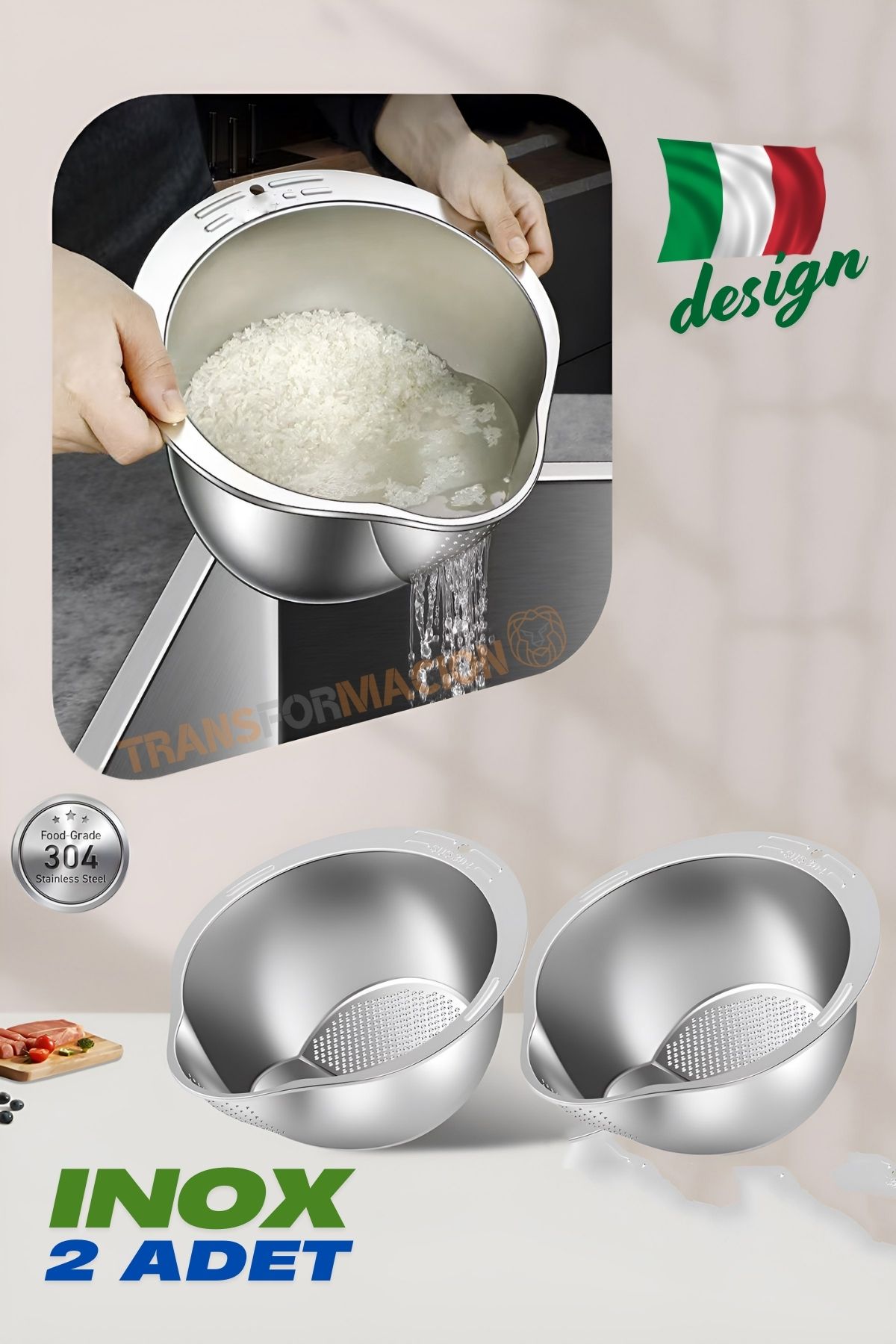 Inox Süzgeç Pirinç Makarna Salata Süzgeci 304 Paslanmaz Çelik 2 ADET  