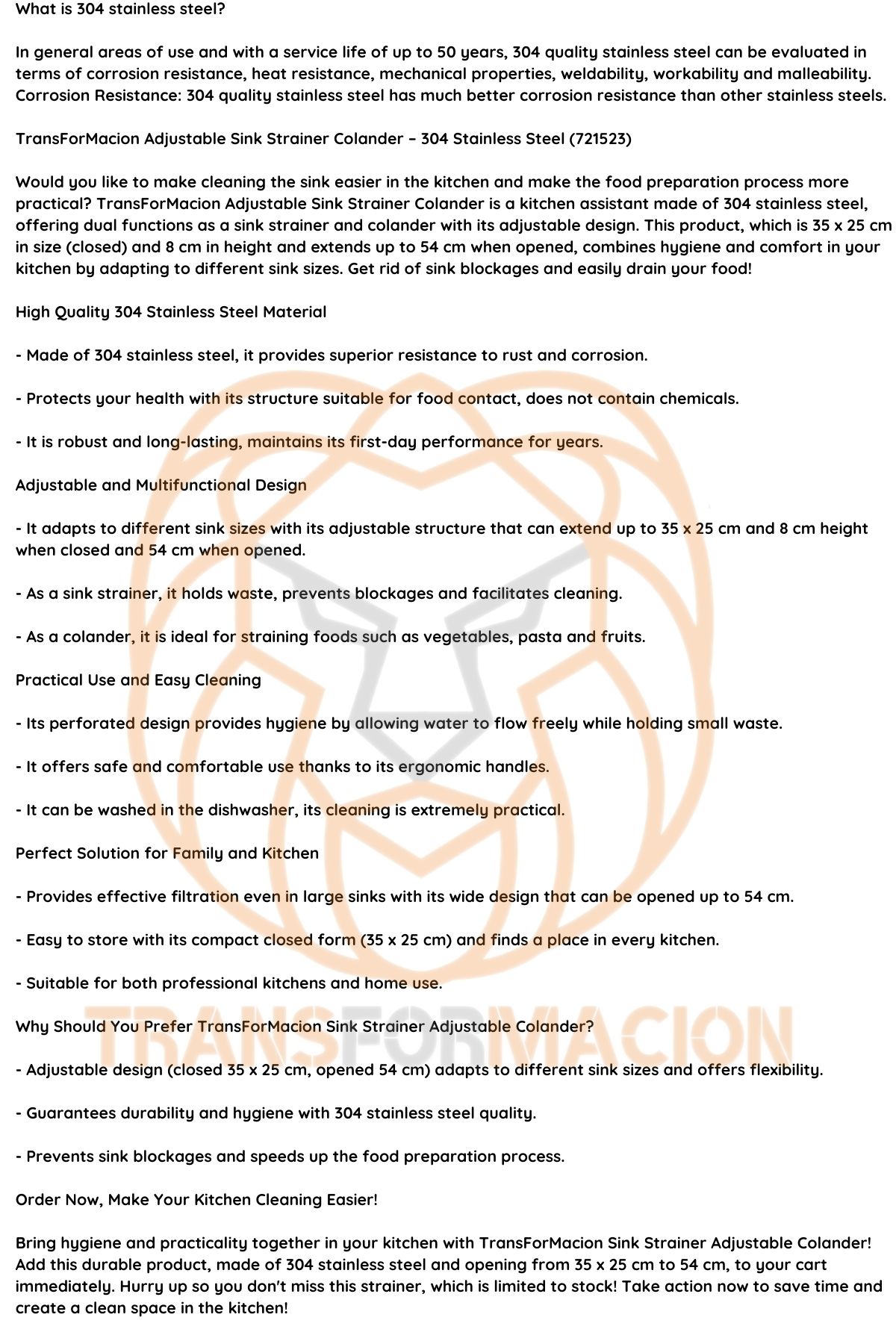 TransForMacion Lavabo Süzgeci Ayarlanabilir Kevgir 304 Paslanmaz Çelik 