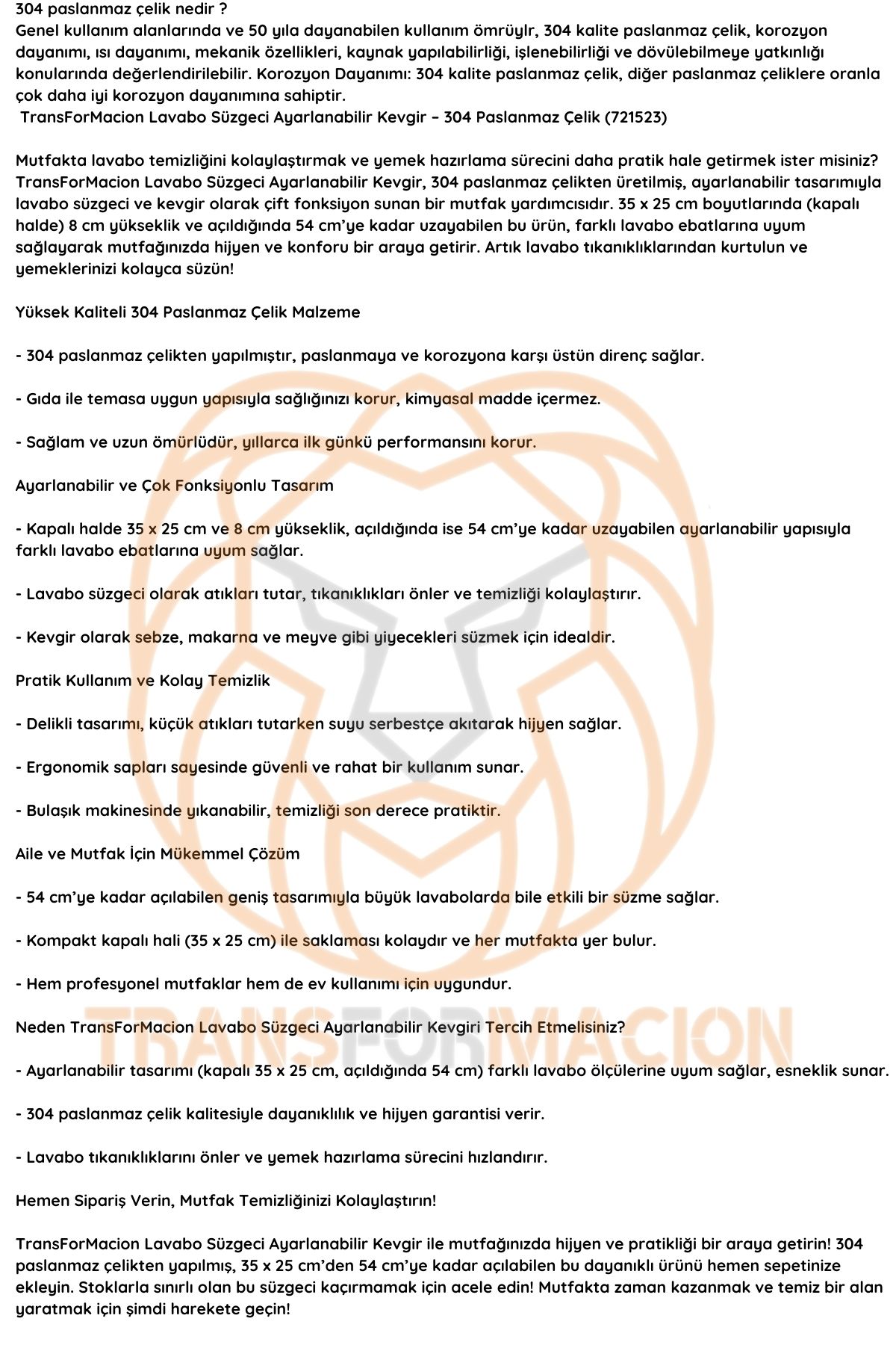 TransForMacion Lavabo Süzgeci Ayarlanabilir Kevgir 304 Paslanmaz Çelik 