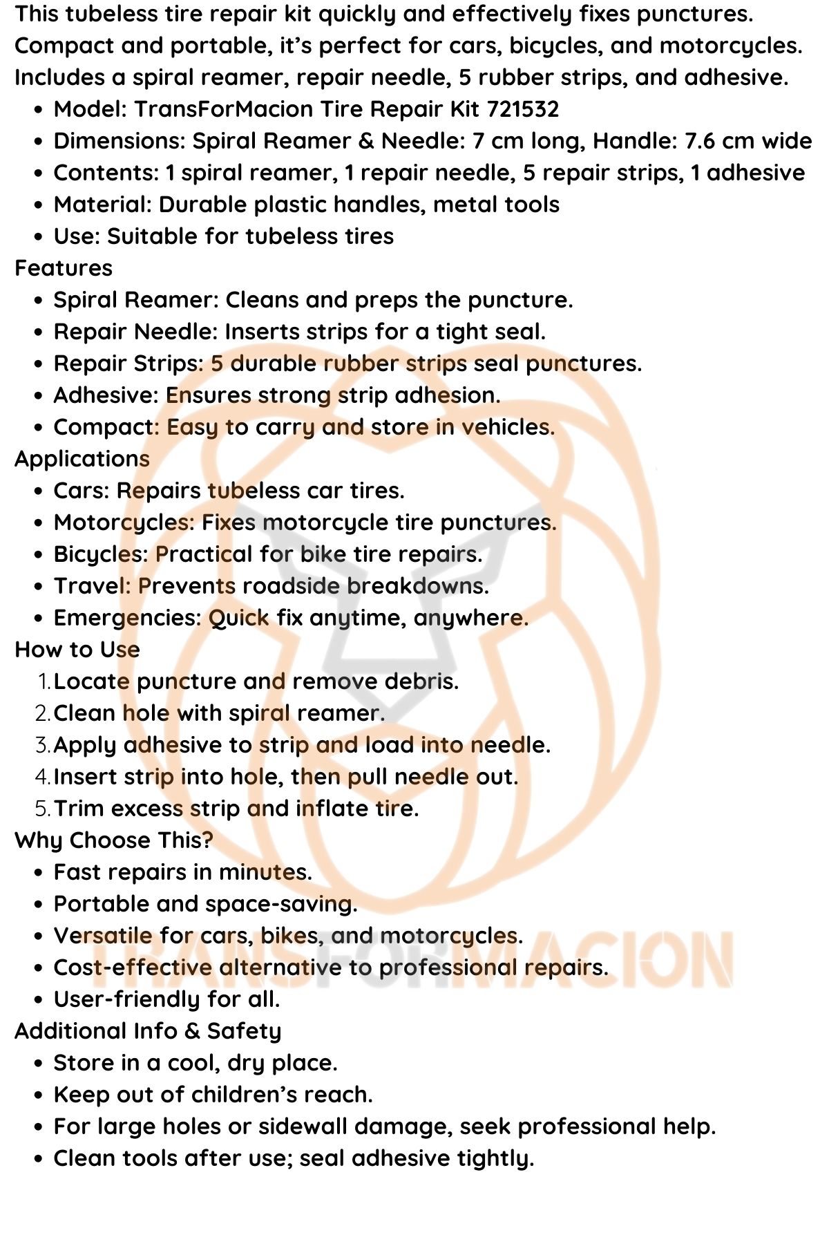 TransForMacion Lastik Tamir Kiti Oto Bisiklet Motosiklet Lastik Tamir Seti 721532