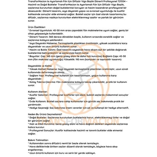 TransForMacion Isı Ayarlamalı Fön Için Difüzör Vigo Başlık Dönerli Profesyonel 721554