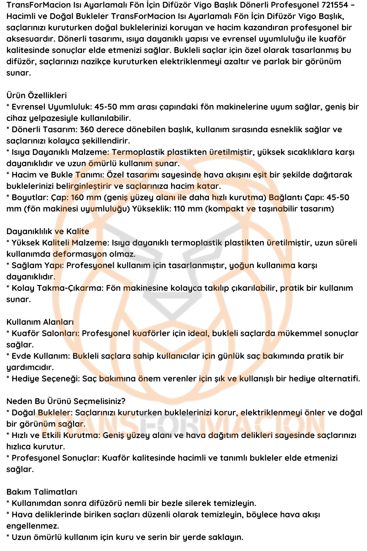 Isı Ayarlamalı Fön Için Difüzör Vigo Başlık Dönerli Profesyonel  