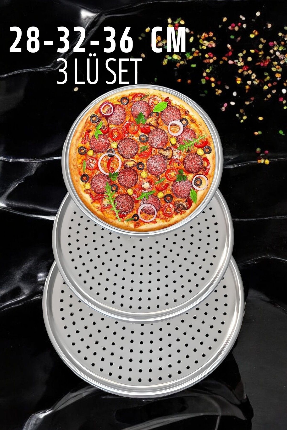 Delikli Pizza Lahmacun Tepsisi Çelik 28-32-36 CM 3 lü SET 