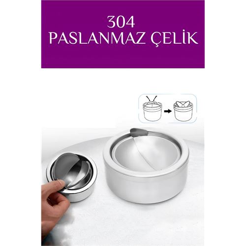 TransForMacion Kapaklı Paslanmaz Yuvarlak Küllük - Kapaklı 304 Çelik Kül Tablası - Kafe Küllüğü Restoran Küllüğü 721605