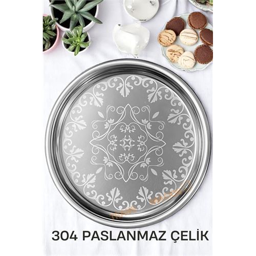 TransForMacion Servis Tepsisi - Çelik Çay Tepsisi  Şık Desenli Tepsi 41 CM 721652