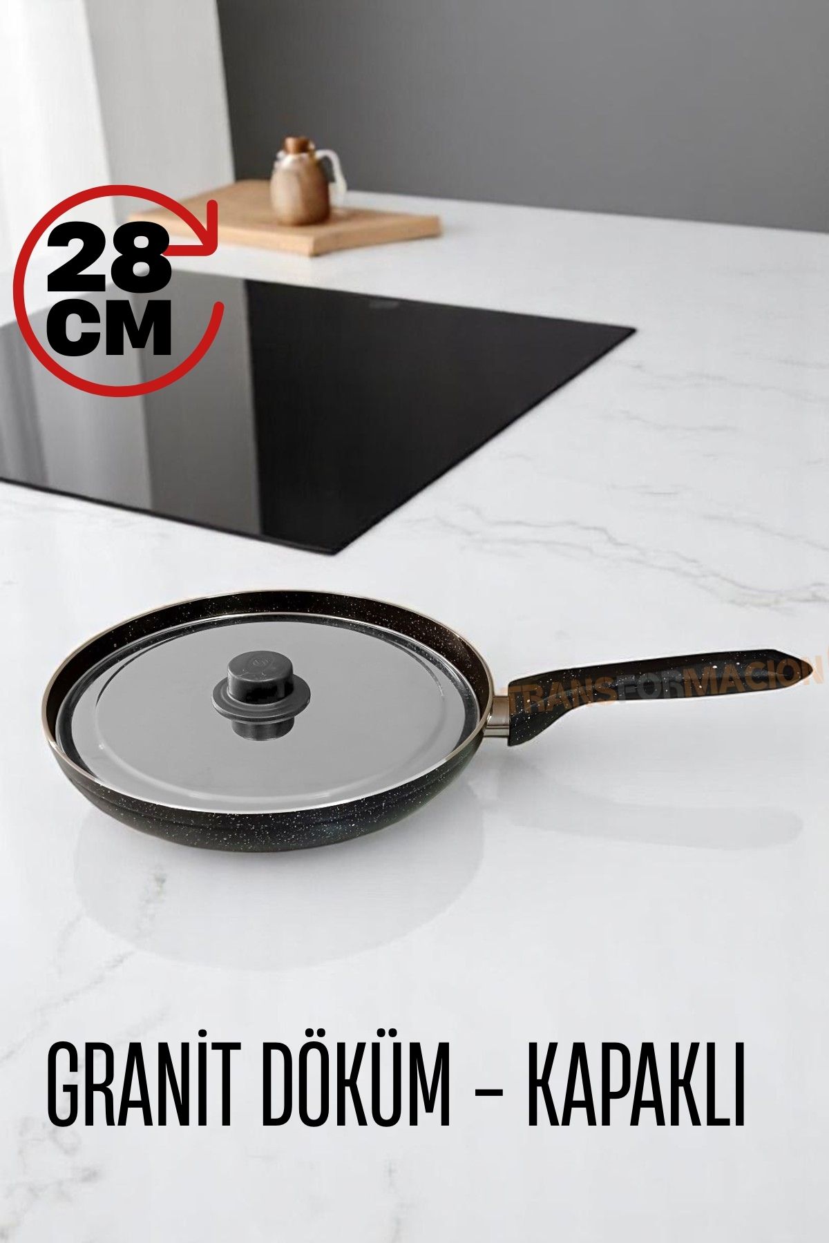 Granit Döküm Tava Paslanmaz Çelik Kapaklı -Yapışmaz Taban 28 Cm 721664