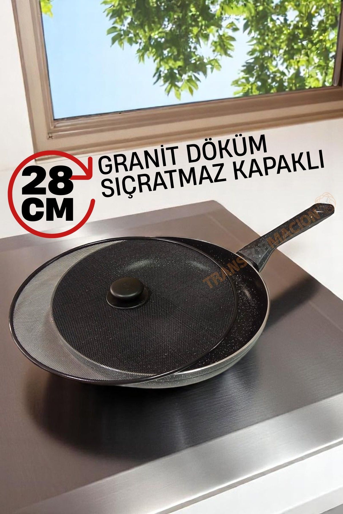 Granit Döküm Tava Yağ Sıçratmaz Kapaklı -Yapışmaz Taban 28 Cm 721667