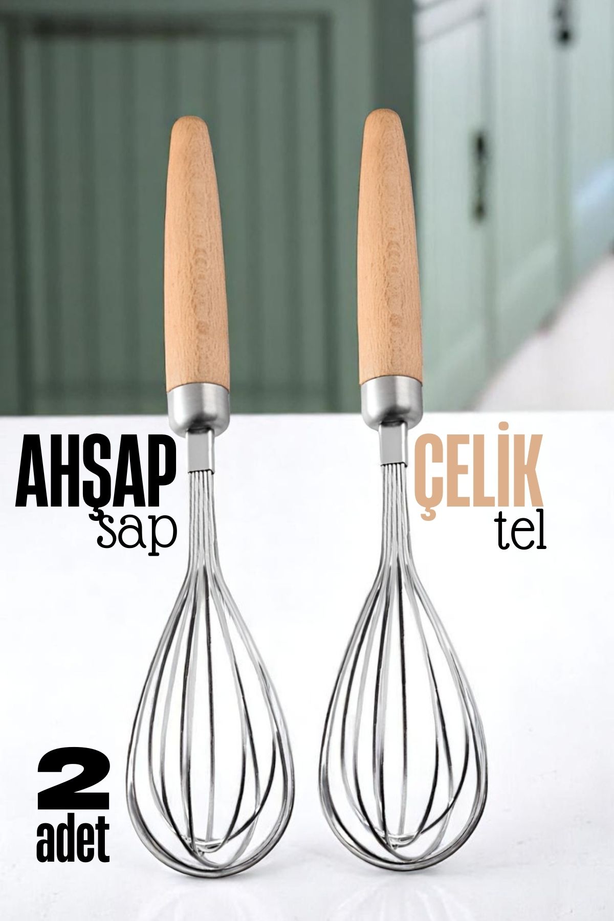 Ahşap Saplı Çelik Çırpıcı - Yumurta ve Sos Çırpıcı, Mutfak Çırpıcısı, Çırpma Teli 