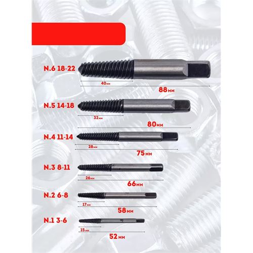 TransForMacion Ters Kılavuz 6 lı Set Saf Çelik Kırık Civata Vida Sökücü Kırılmış Vida Civata Sökme Aparatı 721690