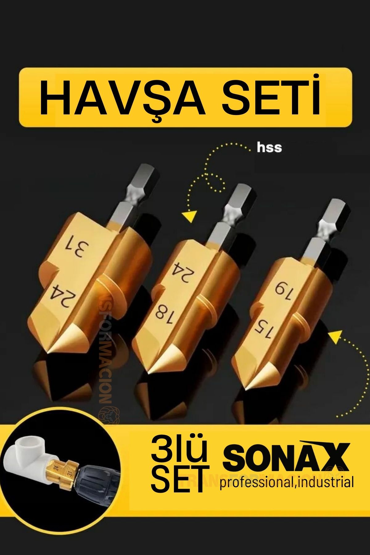 Plastik Boru Kalemtraş Kademeli Boru Açma Pvc Pprc Boru Tamir Delme Genişletme Onarımı İçin 3lü Havşa Seti 721692