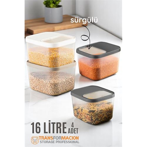TransForMacion Erzak Bakliyat Kutusu Sürgülü Kapak Saklama Kabı 16 Litre 4 ADET 721711