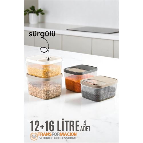 TransForMacion Erzak Bakliyat Kutusu Sürgülü Kapak Saklama Kabı 12 ve 16 Litre 4 lü 721713