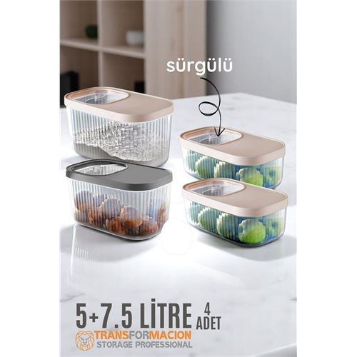 TransForMacion Erzak Bakliyat Kutusu Sürgülü Kapak Saklama Kabı 5 ve 7.5 Litre 4 lü 721714