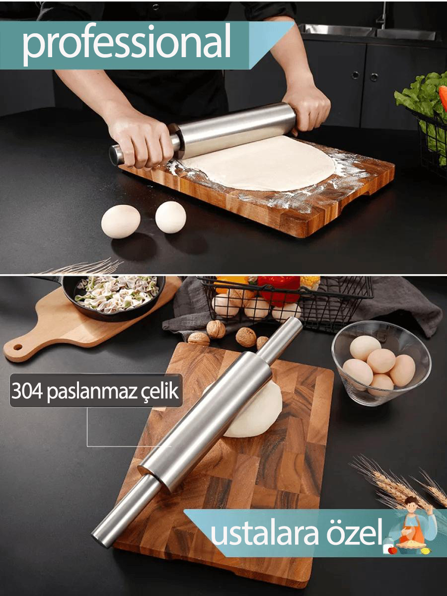 Çelik Merdane - Profesyonel Hamur Açma Merdanesi - 304 Paslanmaz Çelik Mutfak Merdanesi 721731