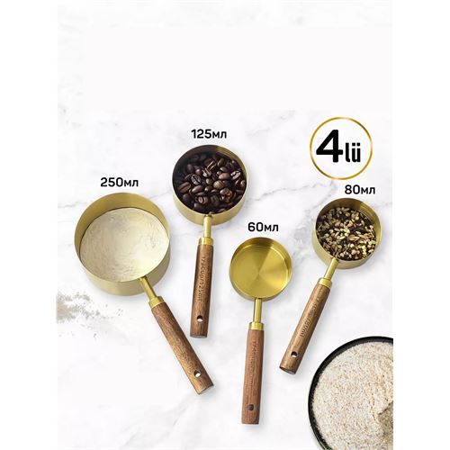 TransForMacion 4 lü Ölçü Kabı 304 Paslanmaz Çelik Masif Ahşap Saplı 721744