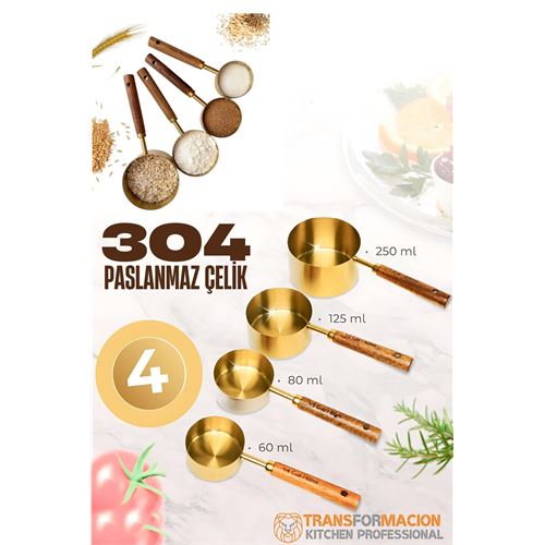 TransForMacion 4 lü Ölçü Kabı 304 Paslanmaz Çelik Masif Ahşap Saplı 721744