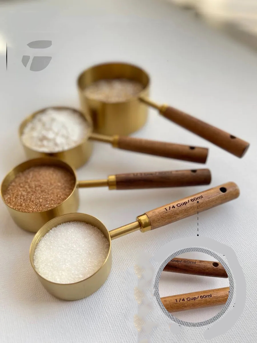 4 lü Ölçü Kabı 304 Paslanmaz Çelik Masif Ahşap Saplı 721744