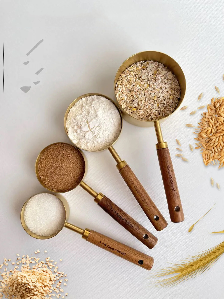 4 lü Ölçü Kabı 304 Paslanmaz Çelik Masif Ahşap Saplı 721744