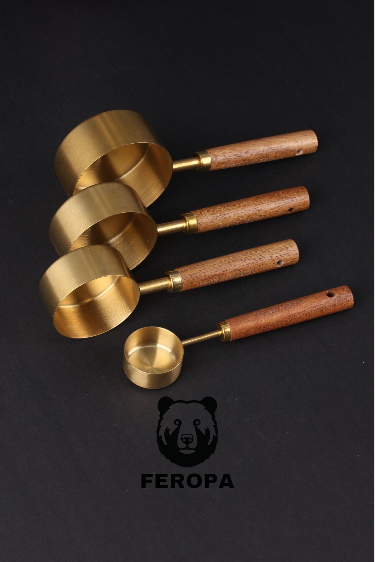 4 lü Ölçü Kabı 304 Paslanmaz Çelik Masif Ahşap Saplı 721744