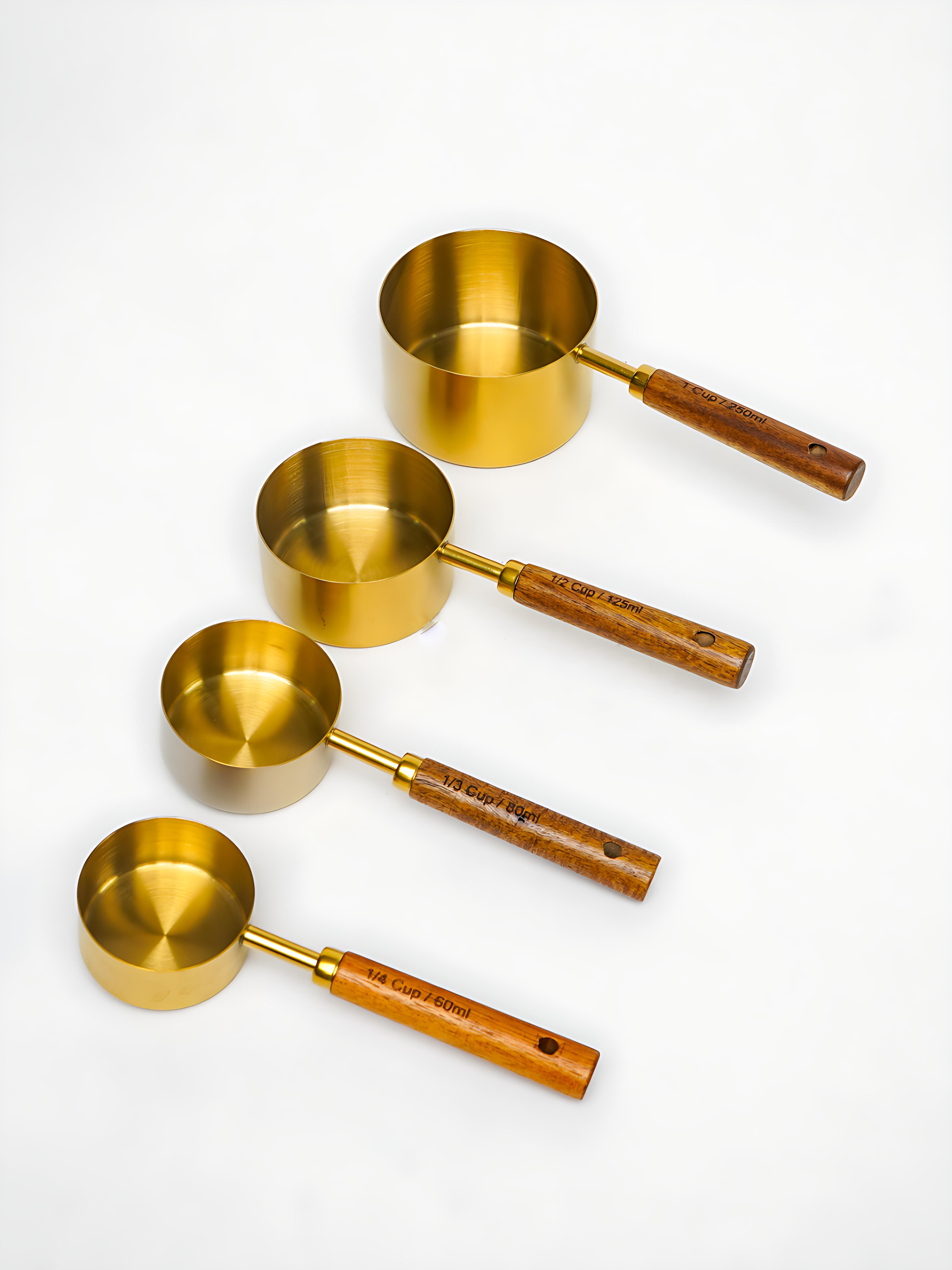 4 lü Ölçü Kabı 304 Paslanmaz Çelik Masif Ahşap Saplı 721744