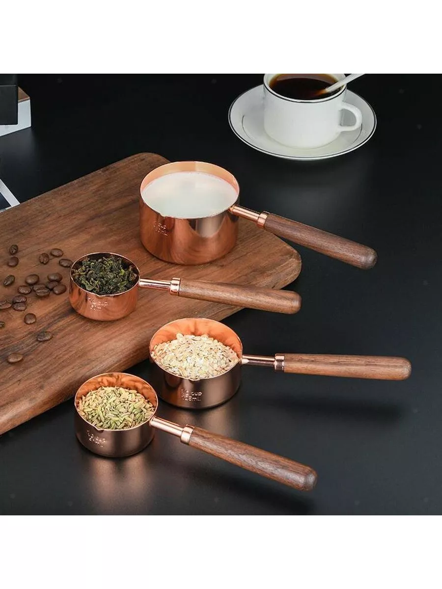 4 lü Ölçü Kabı 304 Paslanmaz Çelik Masif Ahşap Saplı 721744