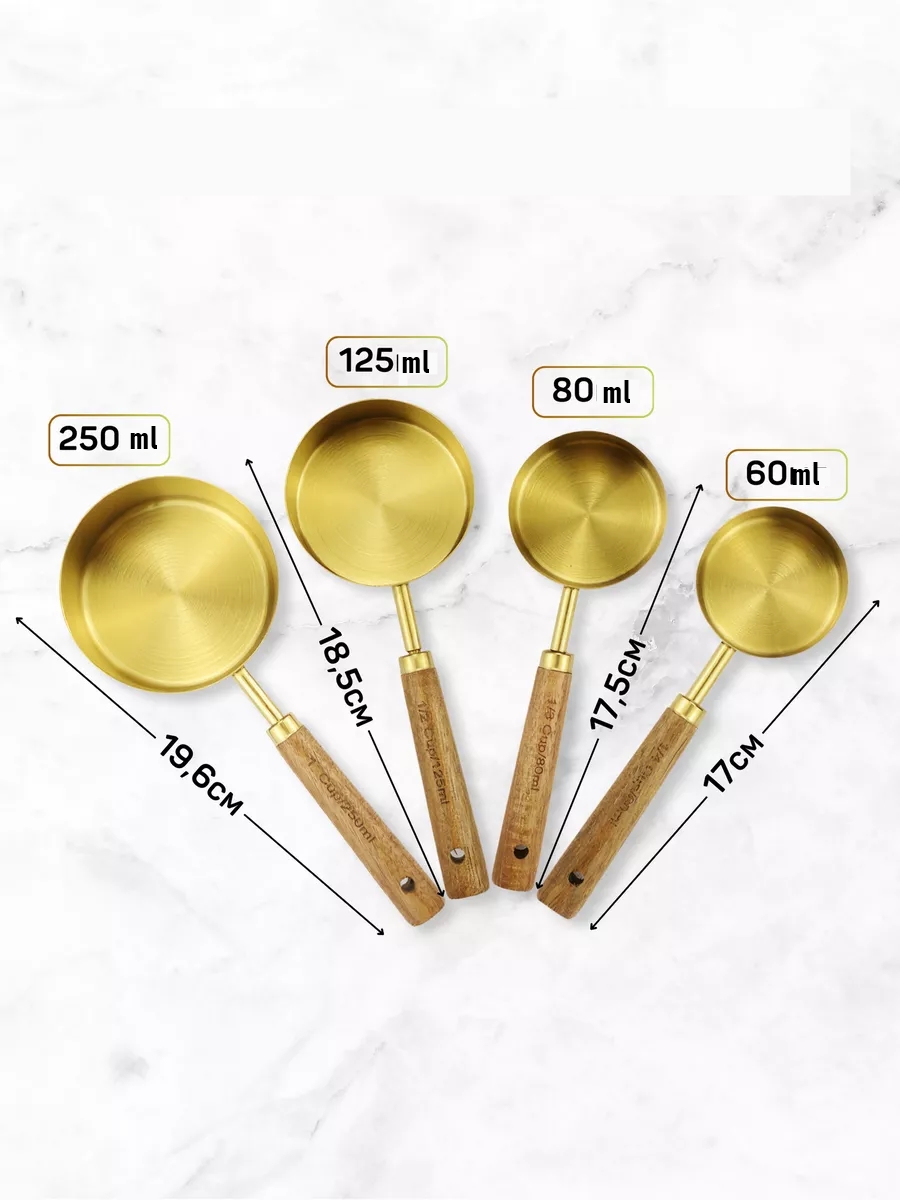 4 lü Ölçü Kabı 304 Paslanmaz Çelik Masif Ahşap Saplı 721744