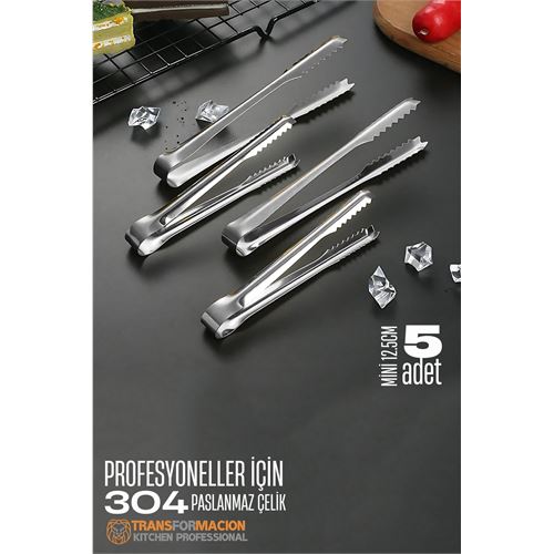 TransForMacion Mini 12.5 cm Buz Maşası - Şeker Limon Maşası Kokteyl Servis Maşası 5 li PAKET 304 Paslanmaz Çelik 721753