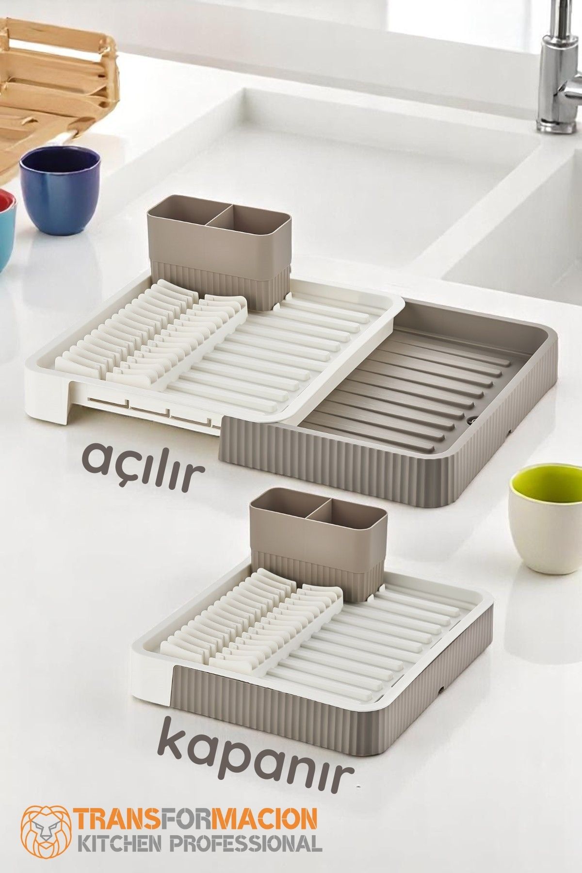 Açılır-Kapanır Bulaşıklık - Bulaşık Durulama Sepeti Tabaklık Bulaşık Kurutmalık LATTE