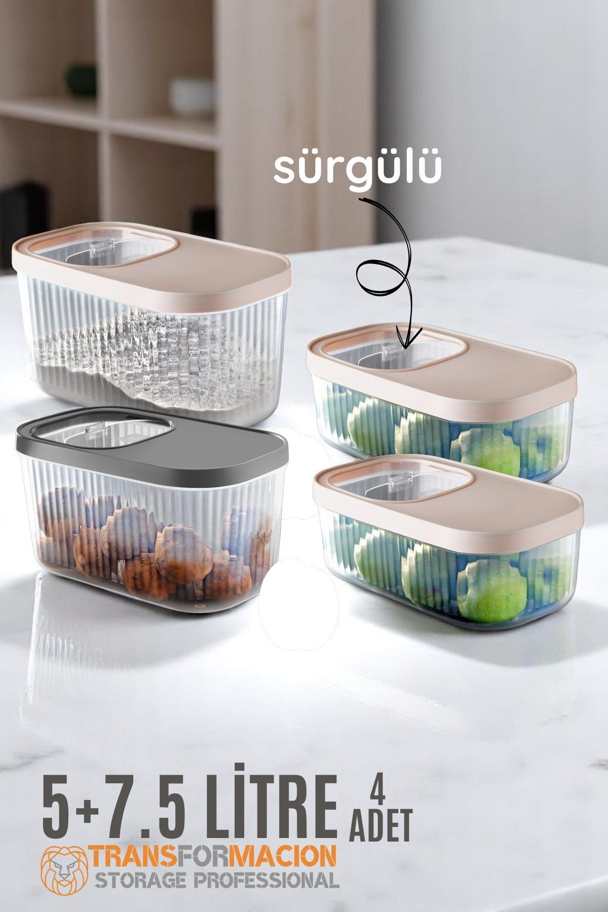 Erzak Bakliyat Kutusu Sürgülü Kapak Saklama Kabı 5 ve 7.5 Litre 4 lü