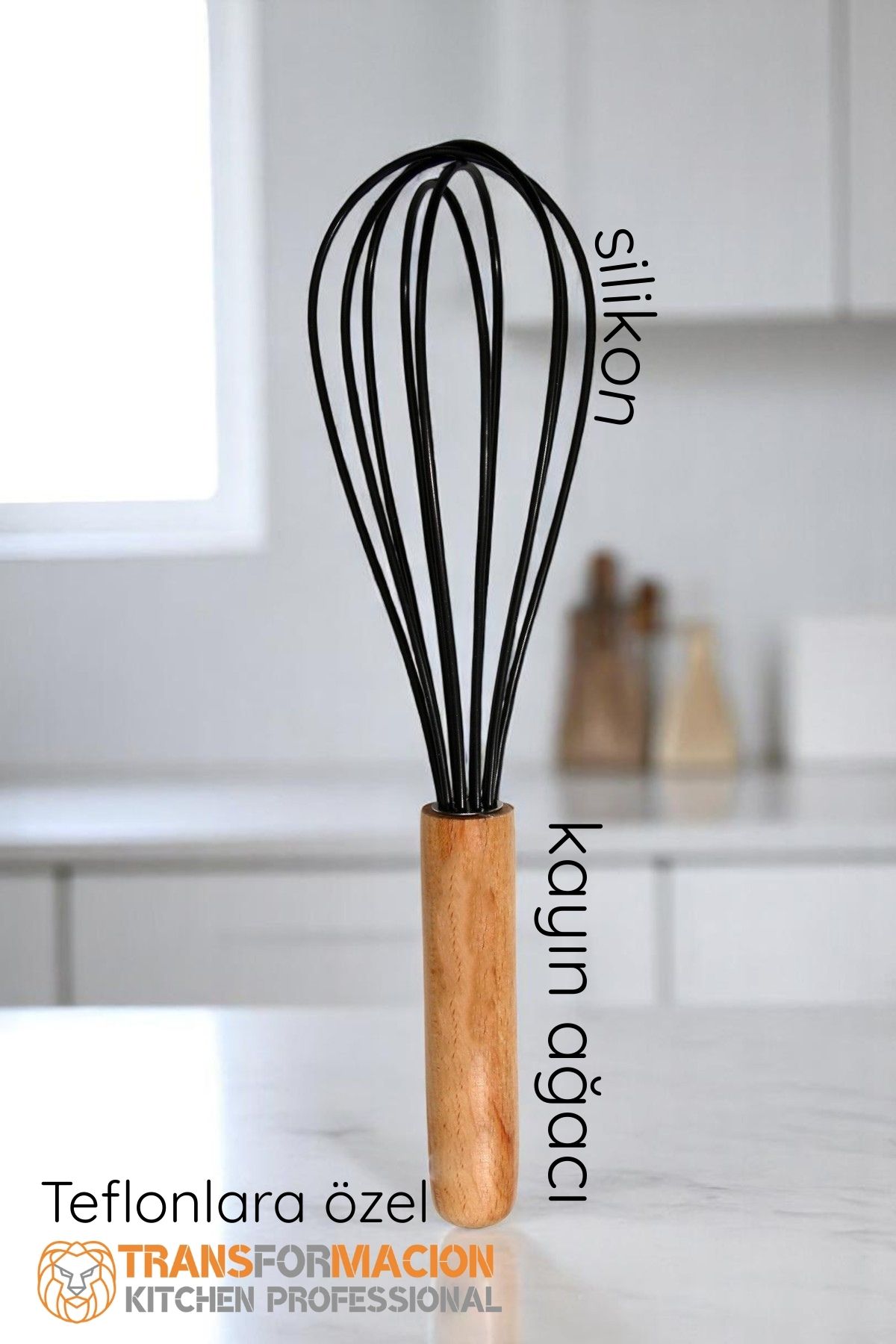 Ahşap Saplı Silikon Çırpıcı - Yumurta ve Sos Çırpıcı, Mutfak Çırpıcısı, Çırpma Teli