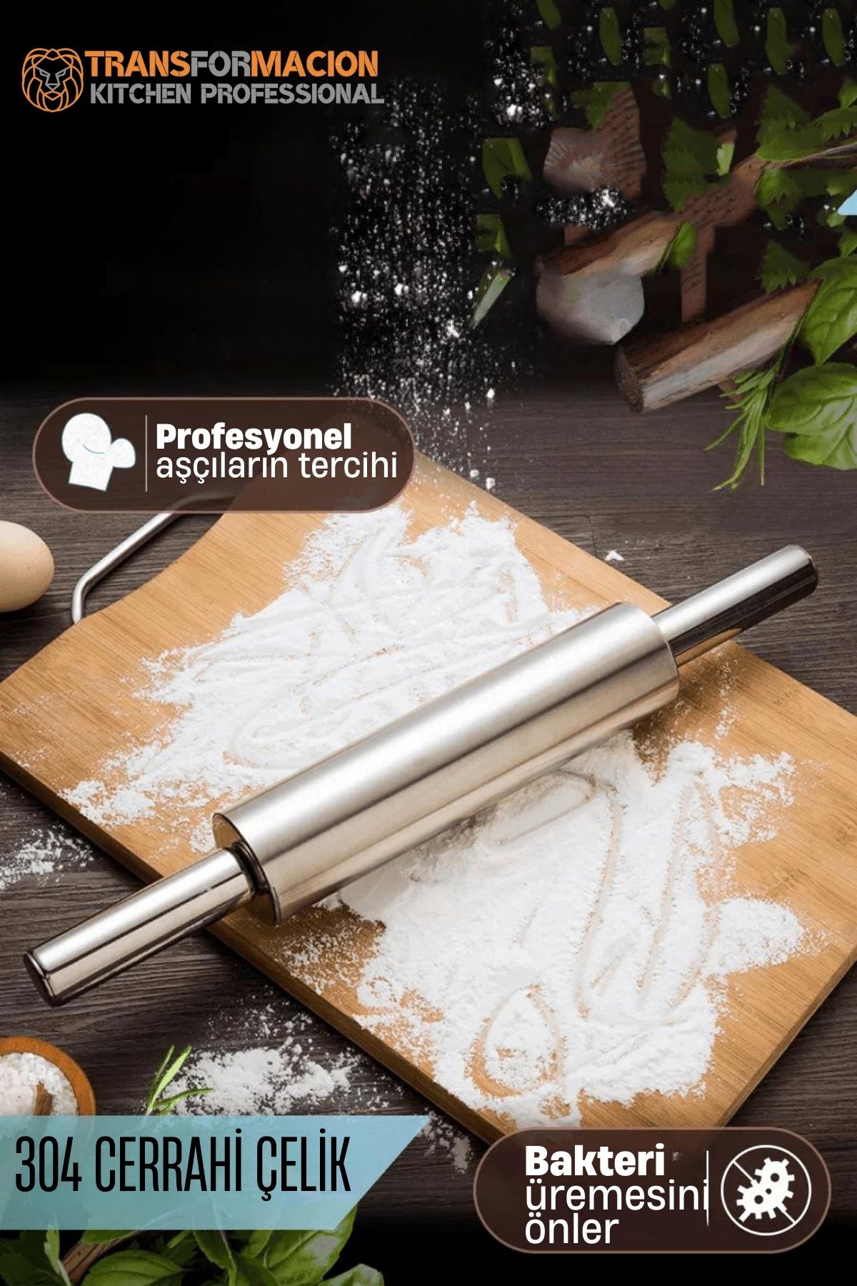 Çelik Merdane - Profesyonel Hamur Açma Merdanesi - 304 Paslanmaz Çelik Mutfak Merdanesi