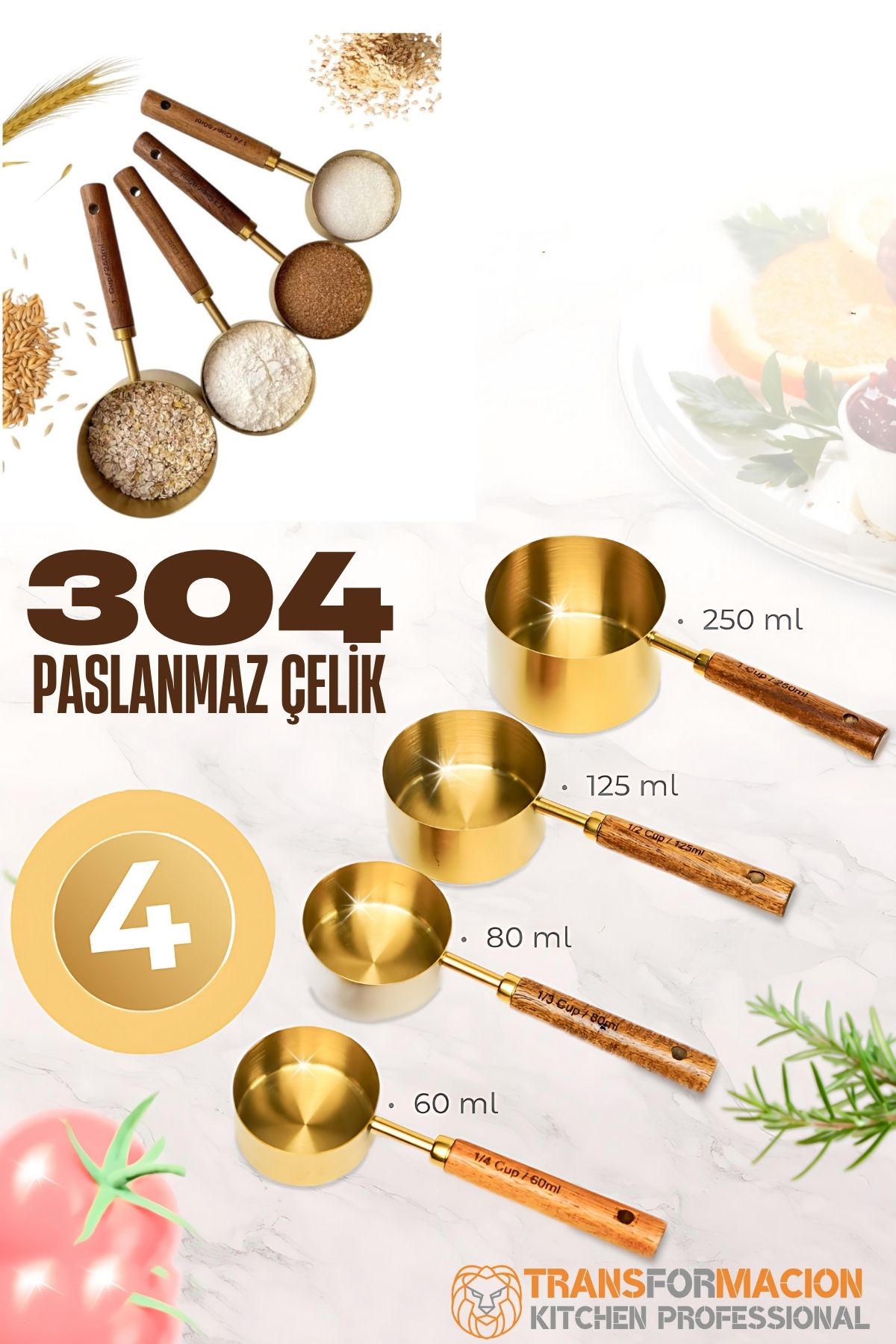 4 lü Ölçü Kabı 304 Paslanmaz Çelik Masif Ahşap Saplı