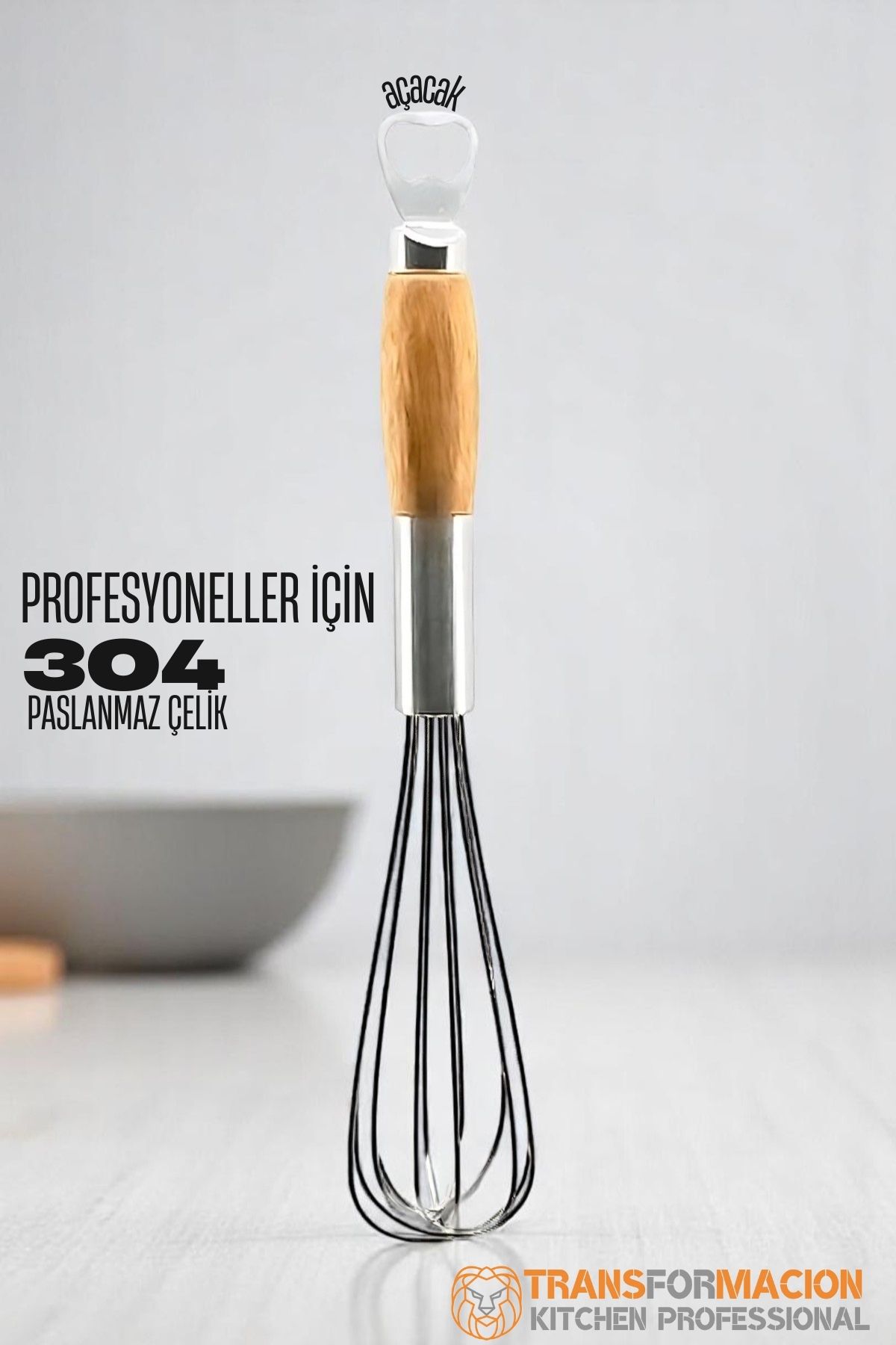 Ahşap Saplı Açacaklı Çırpıcı 304 Paslanmaz Çelik Yumurta ve Sos Çırpıcı Çırpma Teli 