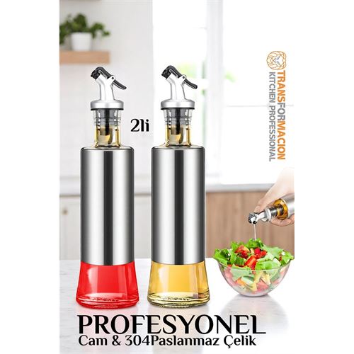 TransForMacion Yağ Sirke Şişesi Yağlık 304 Çelik ve Borosilikat Cam 2 li SET 721774 