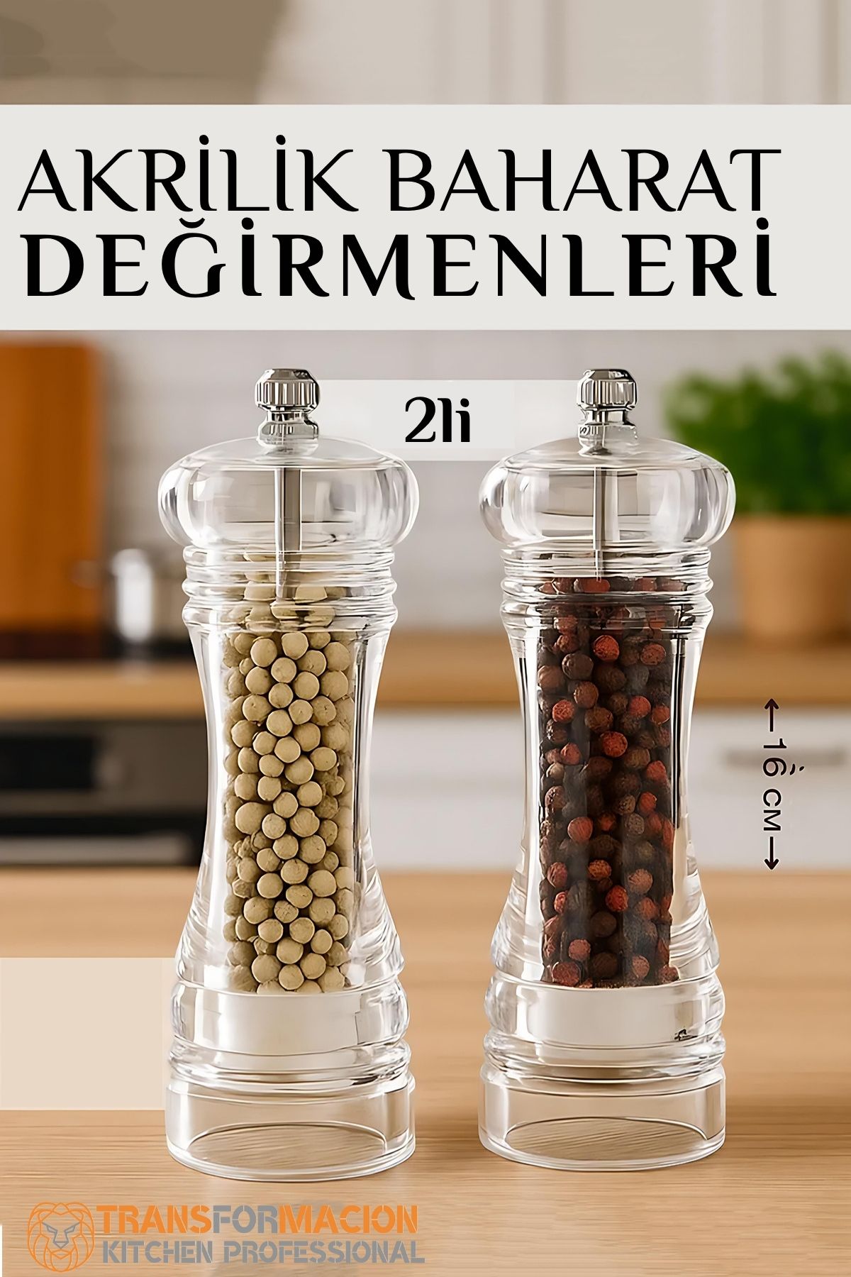 Baharat Öğütücü - Baharat Karabiber Tuz Değirmeni Ahşap Akrilik Kristal 2 li SET 