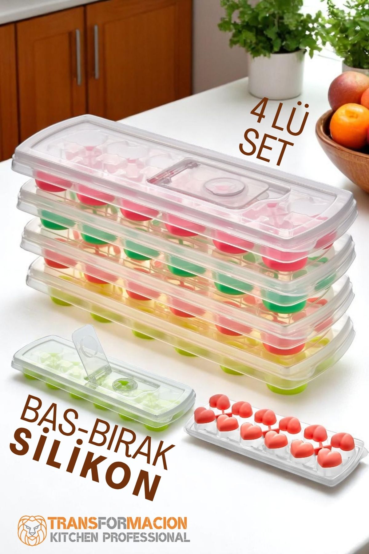 Buz Kalıbı - Bas-Bırak Kapaklı Silikon Buz Kalıbı 4 lü SET 