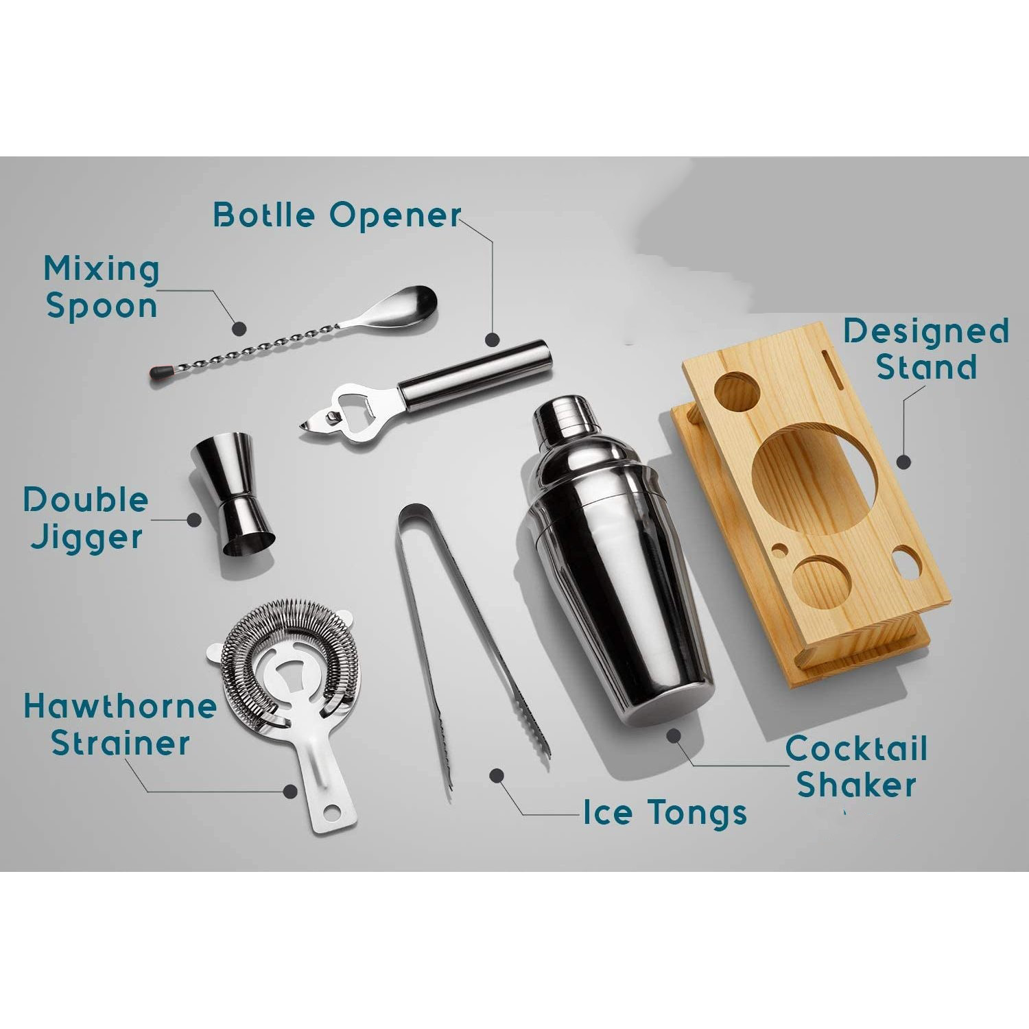 Shaker Kokteyl Set - 7 Parça 550 ML Shaker Coctail Set  Bambu Standlı 721826