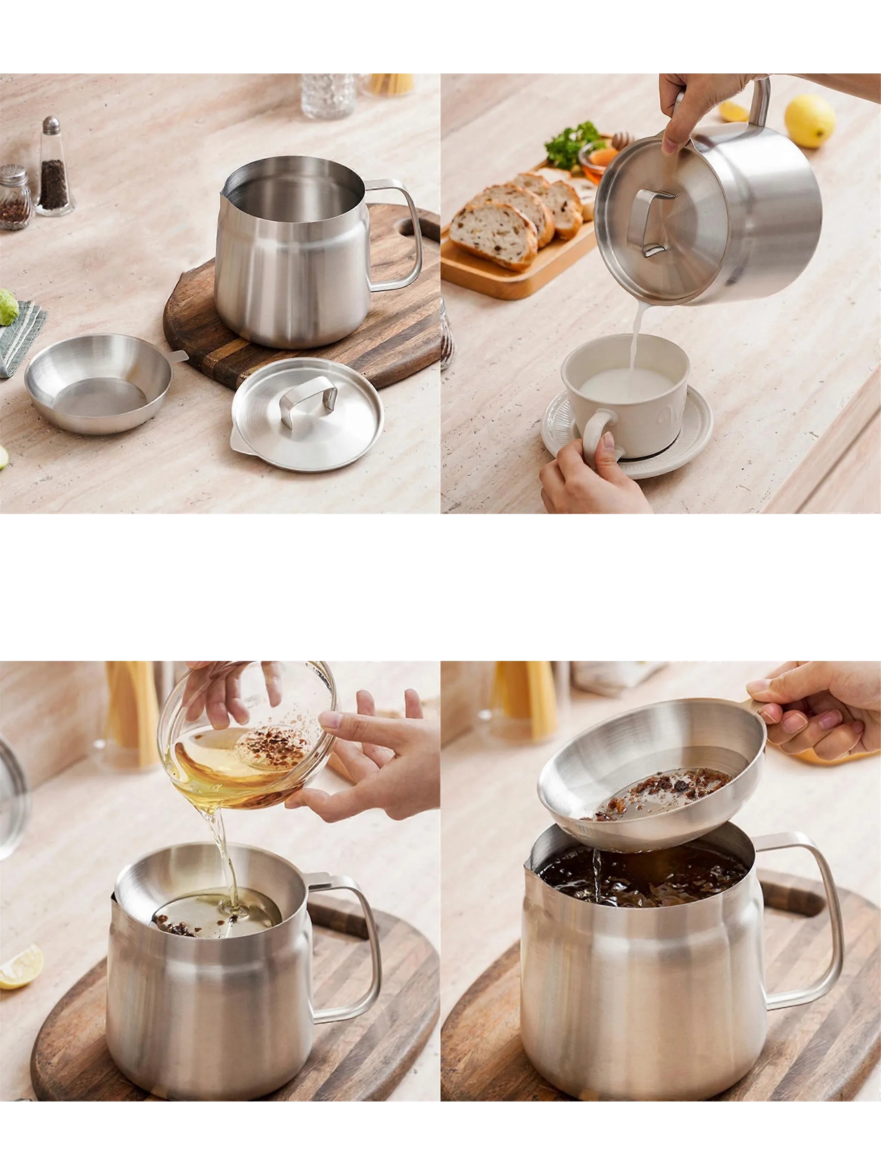 Barista Süt Potu- Filtreli Çok Amaçlı Pot - Yağ Filtresi Profesyonel 304 Paslanmaz Çelik 721828