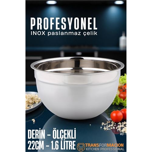 TransForMacion Inox Ölçekli Derin Kase  - 22 Cm 1.6 Litre Karıştırma Kabı Profesyonel 304 Paslanmaz Çelik 721841